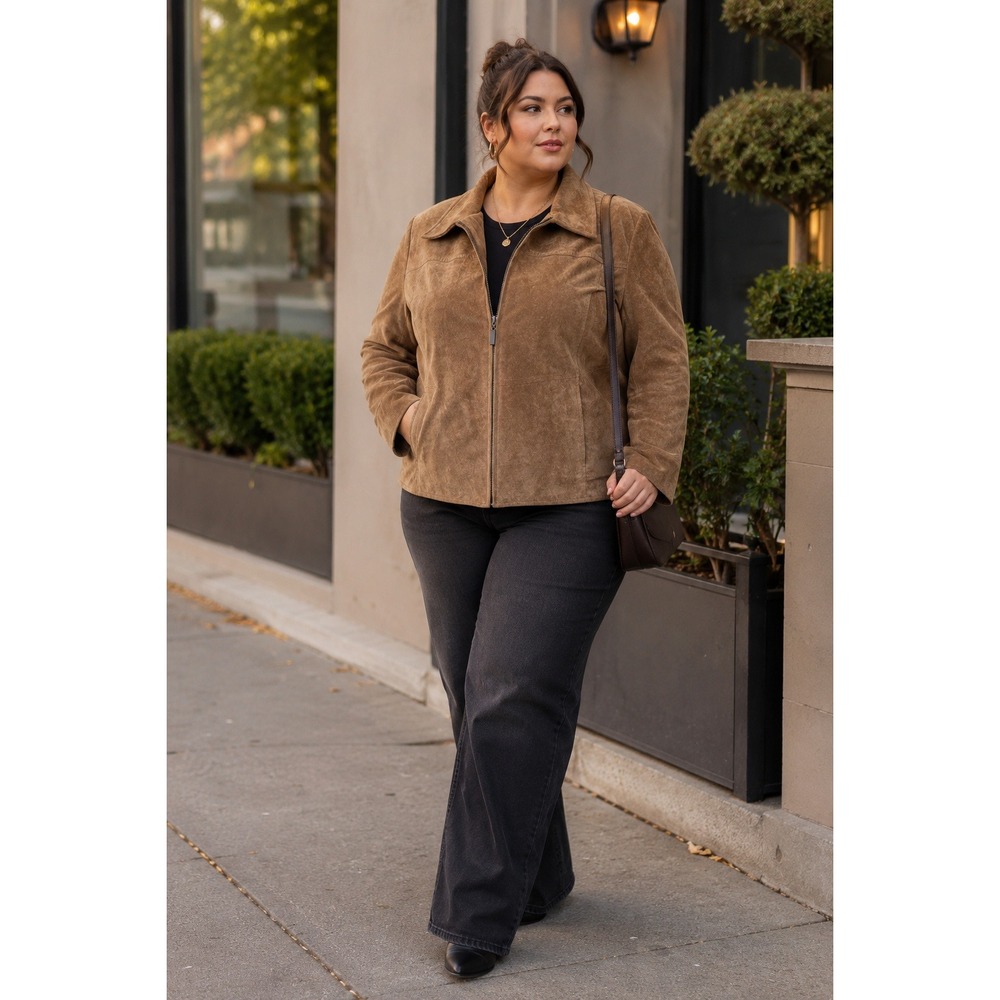 Camel Brown Washable Suede Leather Zip-up Jacket Y2K Western 90s Minimalist XL